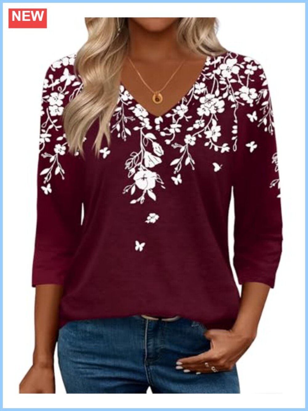 Women's 3/4 Sleeve V-Neck Blouse Loose Fit Tunic Top